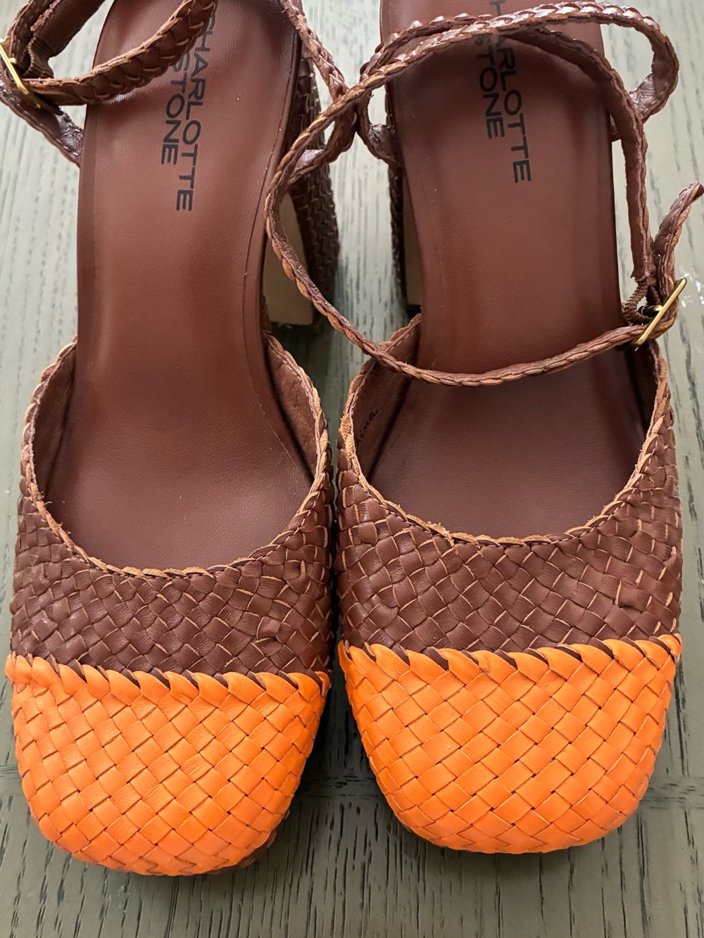 Charlotte Stone Brown and Orange Woven Wedge Sandals